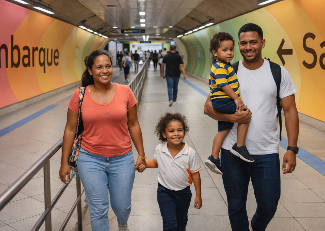 Família com duas crianças caminhando no corredor da Linha 4 Amarela do metrô, seguindo para o embarque em estação moderna e sinalizada.